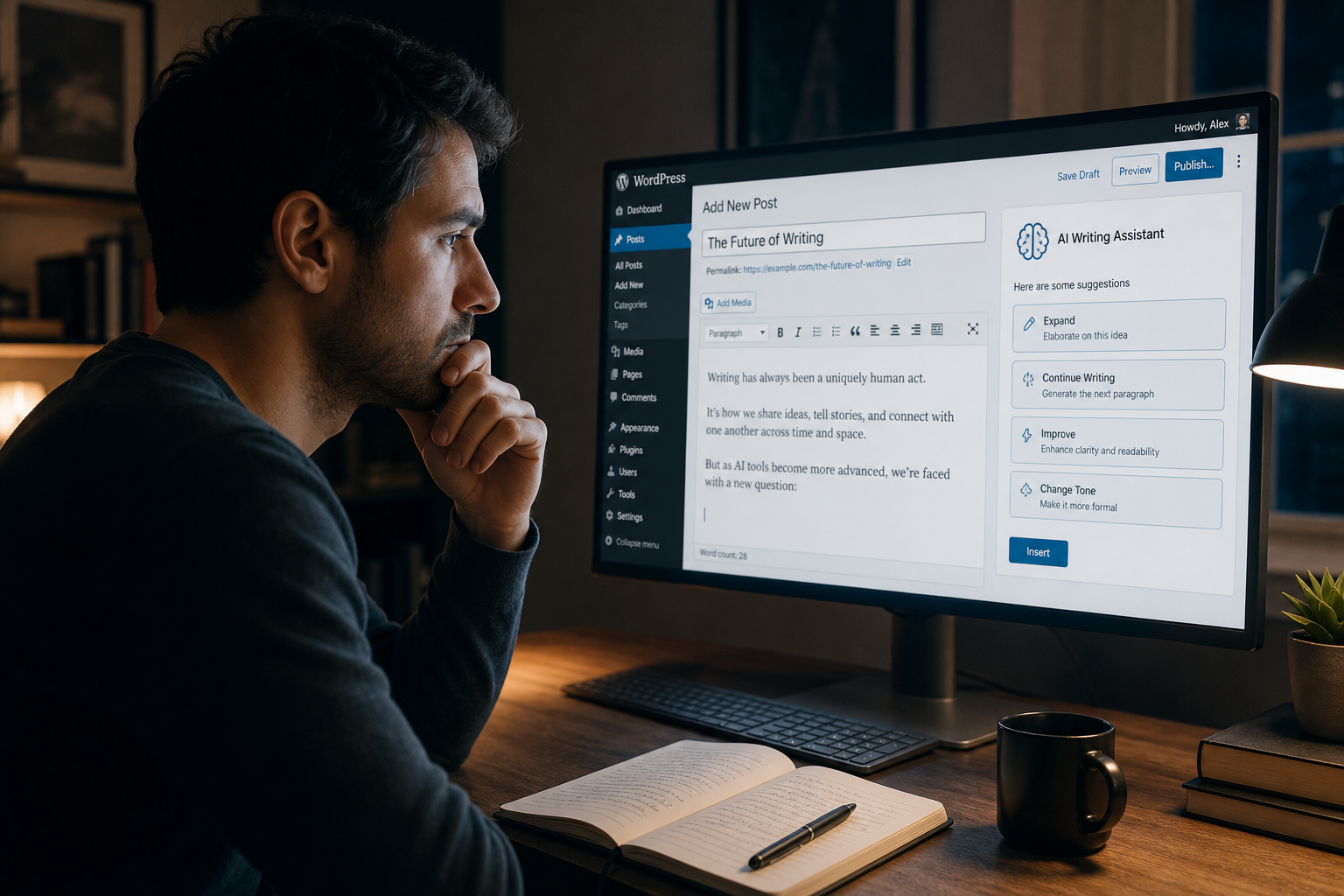WordPressのAI執筆アシスタント機能を使いながら考え込む男性。画面には「The Future of Writing」という記事の編集画面が表示されている。